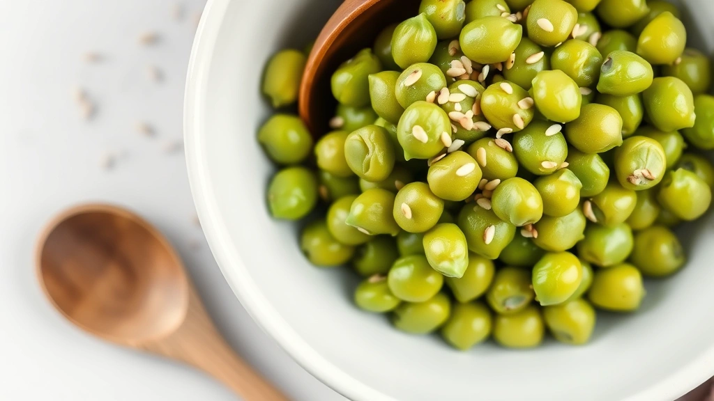 Close-up overhead view of freshly boiled bright green edamame pods in a white ceramic bowl with sesame seeds scattered on top, wooden serving spoon visible, soft natural kitchen lighting