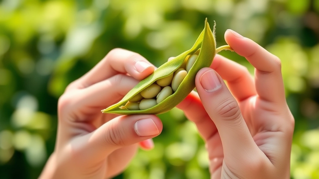 Hands demonstrating proper edamame eating technique - fingers holding a single pod horizontally near the seam with teeth gently opening it, showing bean extraction, natural daylight background