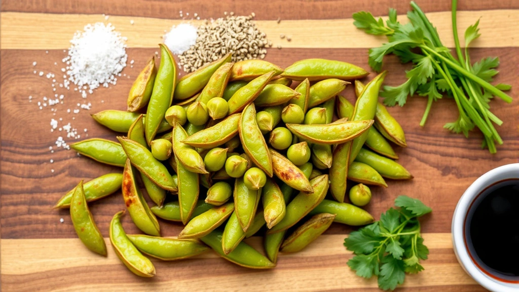 Wooden cutting board with various seasonings around roasted edamame pods - sea salt, sesame seeds, wasabi powder, garlic, fresh herbs, and a small bowl of soy sauce nearby