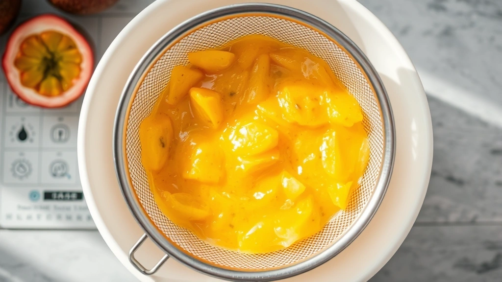 Overhead shot of passion fruit pulp being strained through fine mesh sieve into white bowl, seeds visible in strainer, bright natural kitchen lighting