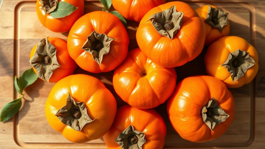 Close-up overhead shot of fresh Fuyu persimmons in various stages of ripeness arranged on a wooden cutting board with natural morning light, showing their vibrant orange color and smooth skin texture
