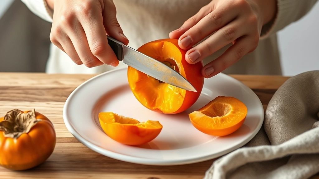 Hands using a small sharp knife to carefully peel a ripe persimmon over a white ceramic plate, showing the peeling technique and golden flesh inside with soft natural kitchen lighting