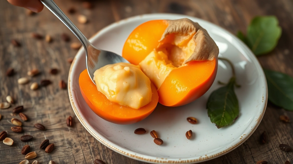 Split Hachiya persimmon with custard-like flesh being scooped with a silver spoon, placed on a rustic wooden table with scattered seeds and leaves for context