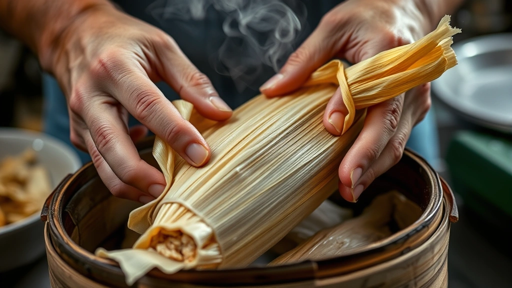 Close-up of hands unwrapping a steaming tamale from corn husks, showing the proper peeling technique with masa and filling visible, steam rising, natural kitchen lighting