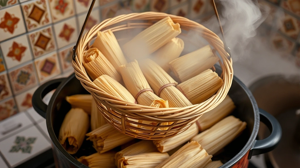 Steaming basket filled with tamales wrapped in corn husks being lifted from a traditional large steamer pot, showing steam rising, kitchen setting with traditional Mexican tiles visible