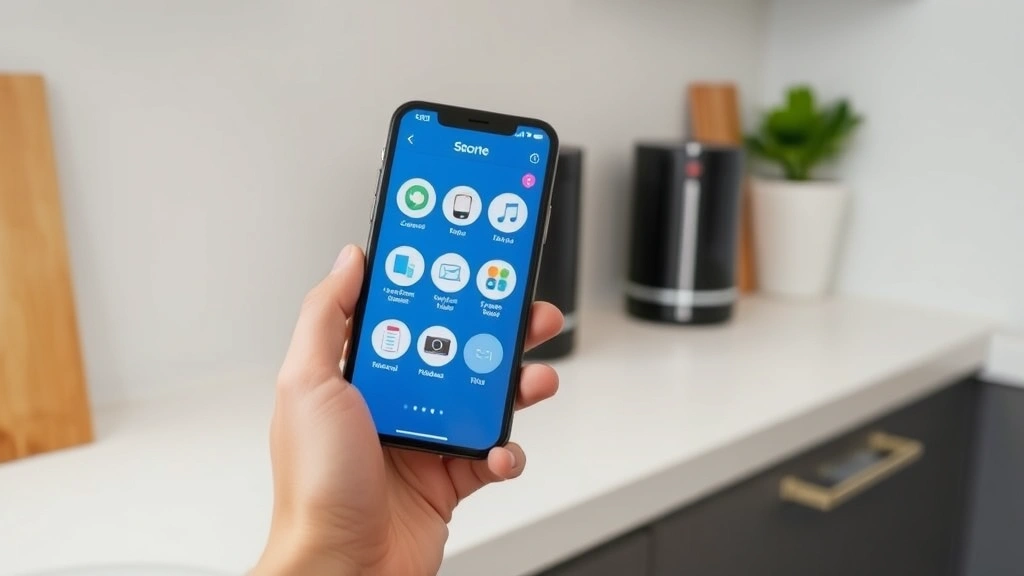 Person's hand using smartphone app to control smart home devices, showing the app interface with device icons, displayed on kitchen counter with smart speaker visible in background
