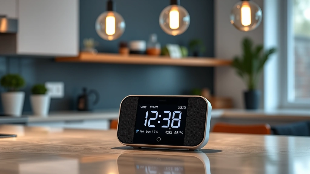 Voice-activated smart speaker on kitchen counter displaying time and weather, with smart bulbs glowing in the background, modern home interior setting