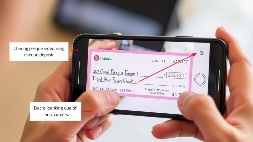 Person holding smartphone making mobile cheque deposit, photographing front and back of properly endorsed cheque, demonstrating digital banking security practices