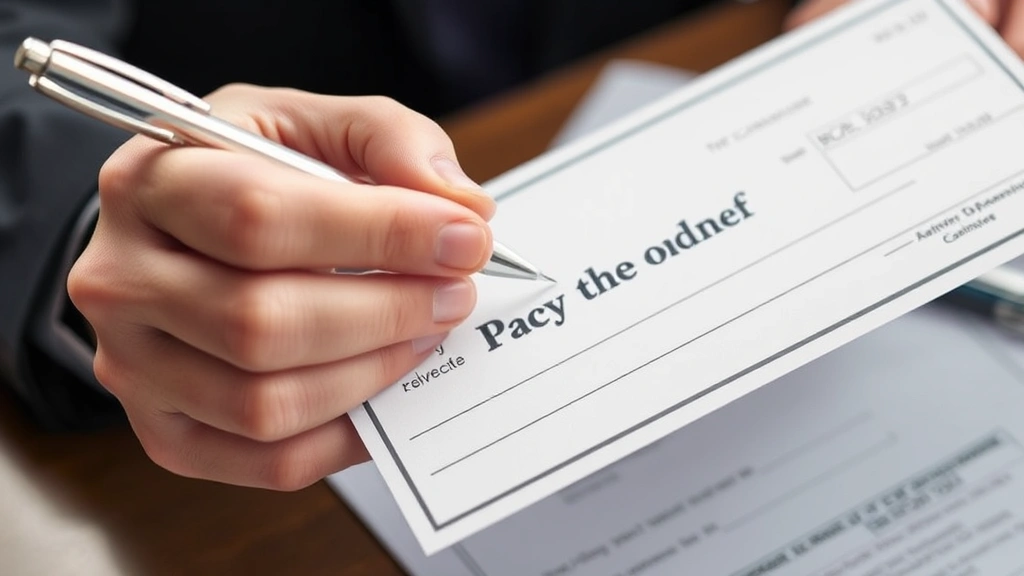 Close-up photograph of a hand holding a pen, endorsing the back of a blank paycheck with 'Pay to the order of' written clearly visible, professional banking setting with blurred desk background