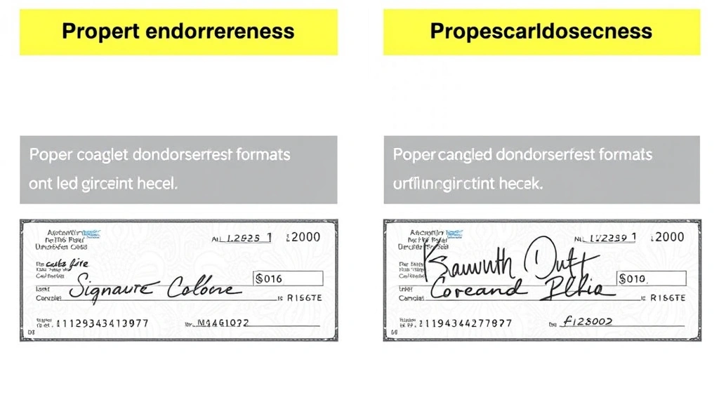 Split-screen showing proper check endorsement on left side with signature line and correct format, and incorrect endorsement on right side with crossed-out names, educational comparison style