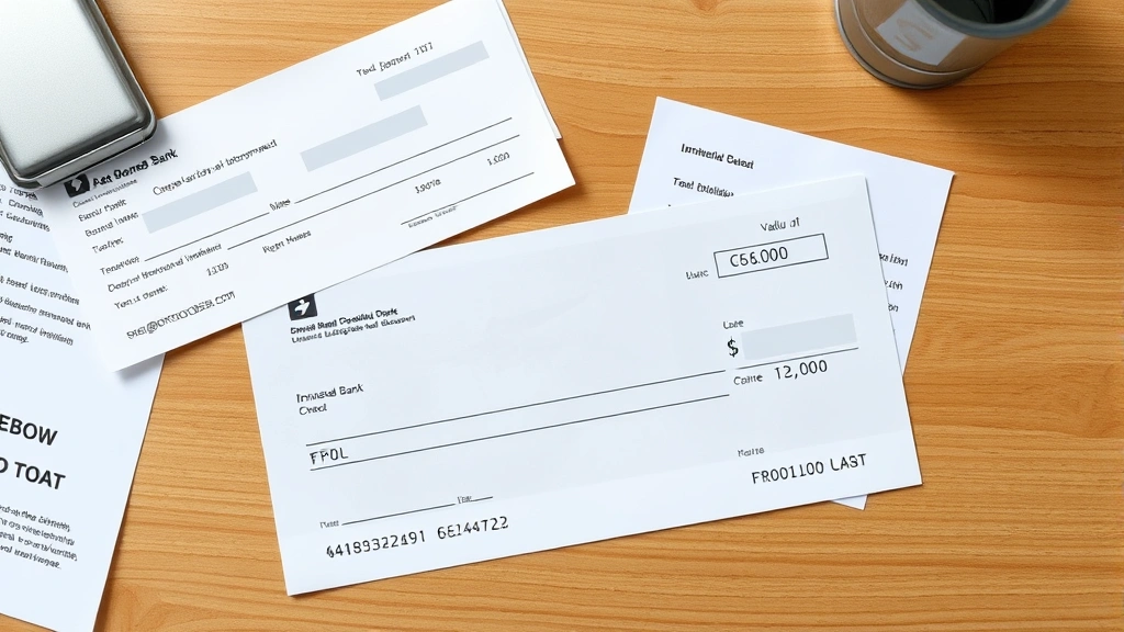 Overhead view of a bank deposit slip, endorsed check, and valid identification documents arranged on a wooden desk surface with soft natural lighting, showing documentation requirements
