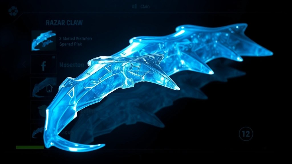 Close-up of a Razor Claw item displayed on a game inventory screen interface, glowing icy blue, detailed metallic texture, dramatic lighting, photorealistic game graphics
