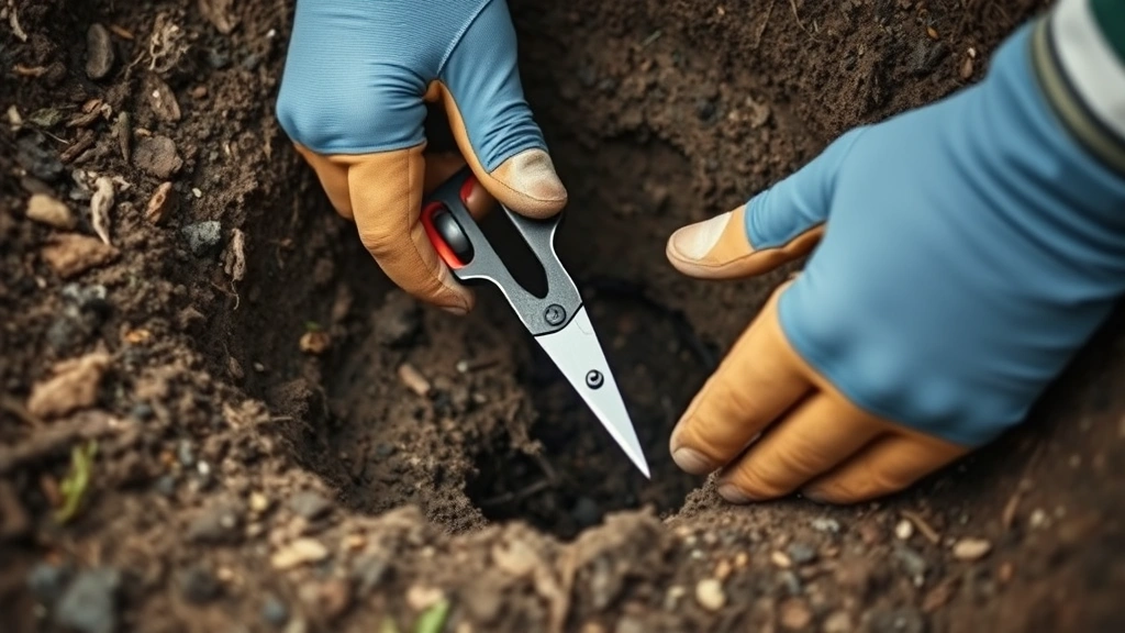 Homeowner wearing work gloves setting scissor trap in open mole tunnel, hands positioning trap in soil, realistic DIY scene