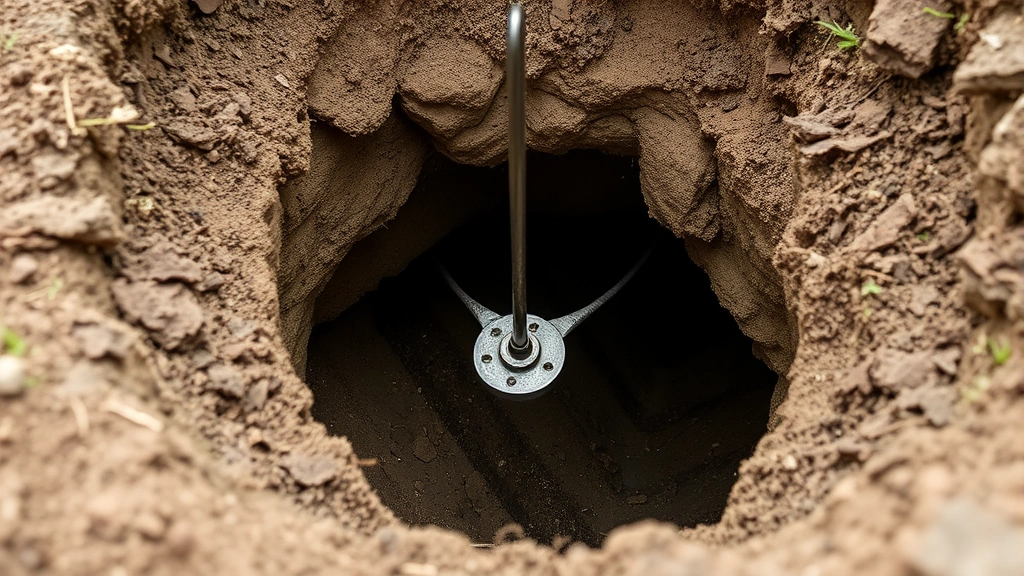 Mole harpoon trap positioned in tunnel opening with surrounding soil visible, trap mechanism visible but no text, ready for deployment