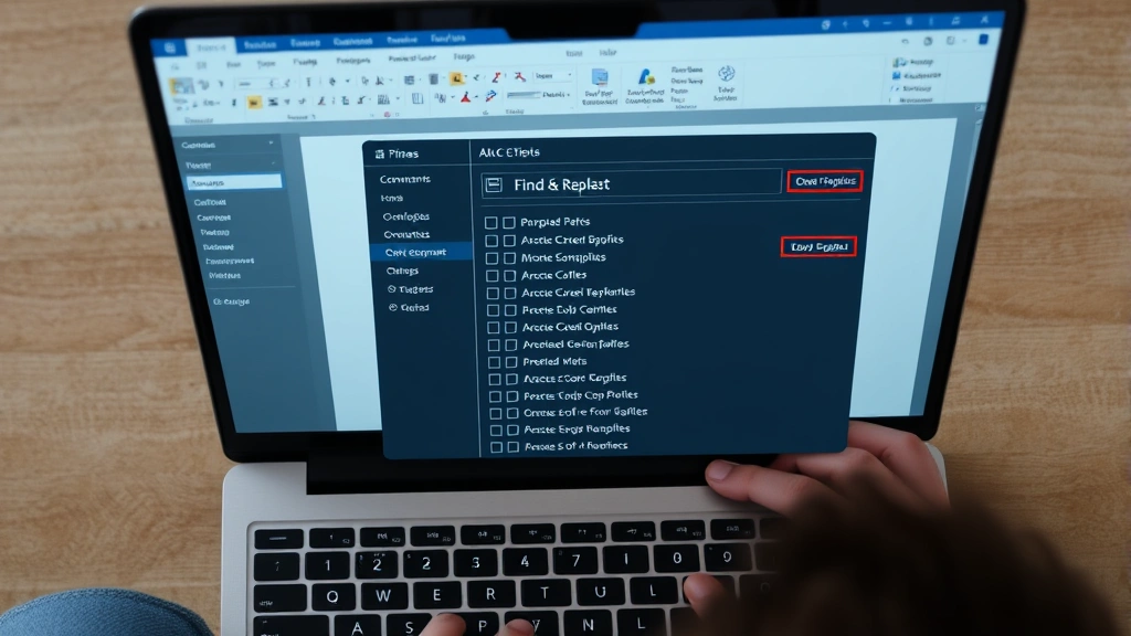 Overhead shot of someone using a laptop with Word document open, showing Find & Replace options panel expanded with various checkboxes and formatting buttons highlighted