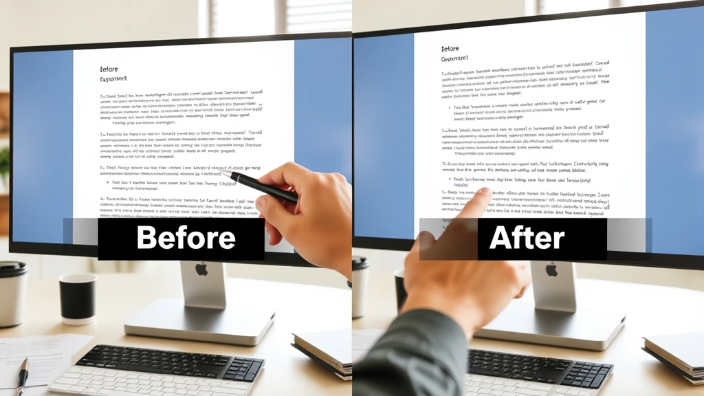Split-screen comparison showing before and after document text with successful replacements made, person pointing at screen with pen, bright natural office lighting