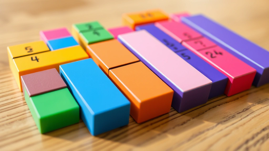 Close-up of colorful fraction bars or manipulatives showing different denominator sizes (fourths, sixths, eighths) arranged to demonstrate common denominators, natural lighting on wooden table