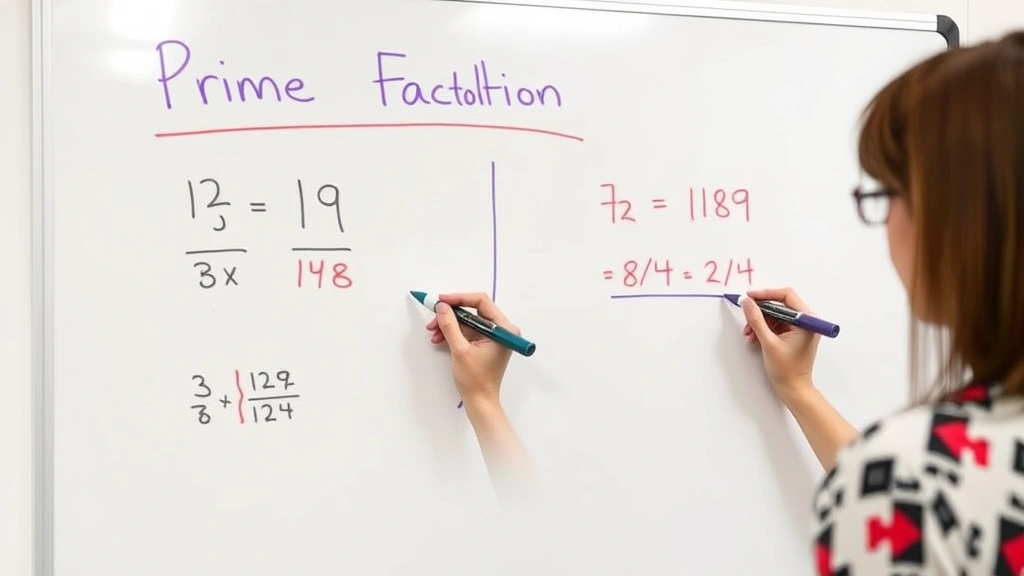 Teacher writing prime factorization on whiteboard with fractions 12/18 and 8/24 visible, showing mathematical work with different colored markers, classroom setting
