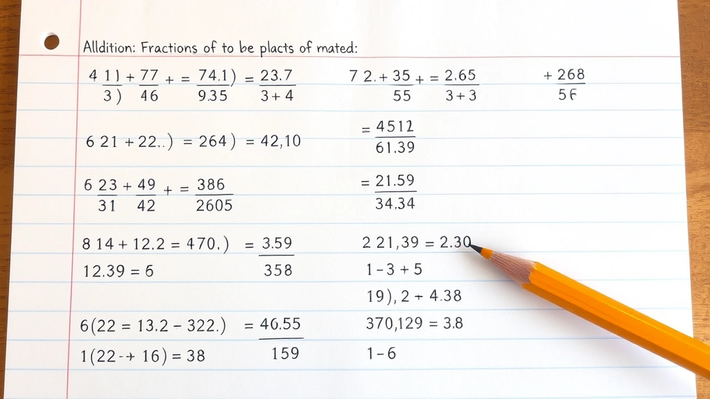 Student worksheet with multiple fraction addition problems and LCD calculations worked out step-by-step, pencil visible, notebook paper texture