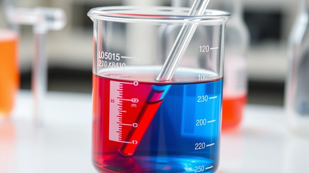 Laboratory beaker with two different colored solutions being carefully mixed together with a glass stirring rod, showing reactant interaction, clear glass equipment