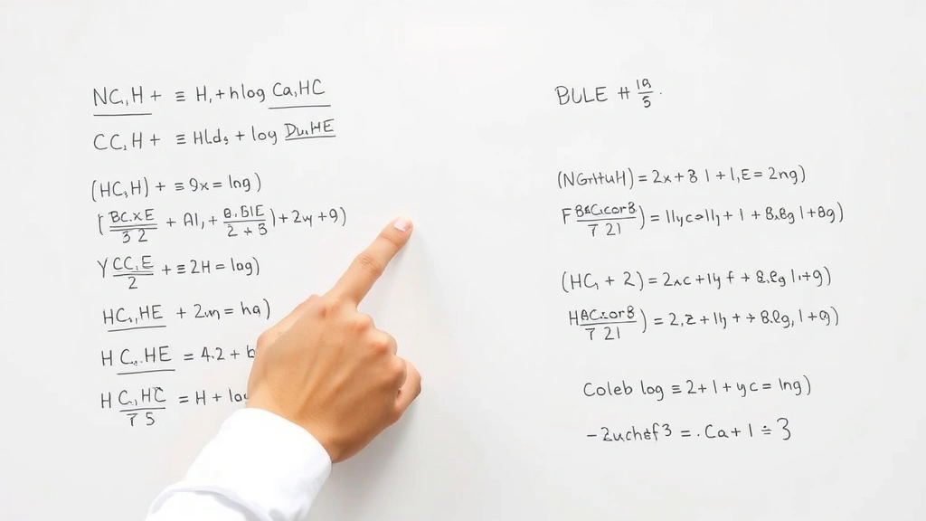 Chemist's hand pointing to mole calculations written on whiteboard with multiple chemical equations and division problems showing stoichiometric ratios