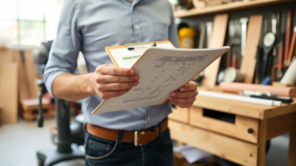 A person holding a clipboard with data notes, standing in a workshop with various tools and materials, reviewing measurements and calculations