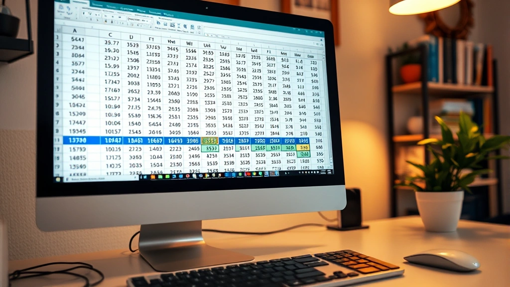 Organized spreadsheet displayed on computer monitor showing columns of data with numbers highlighted in different colors, professional home office setting with keyboard visible