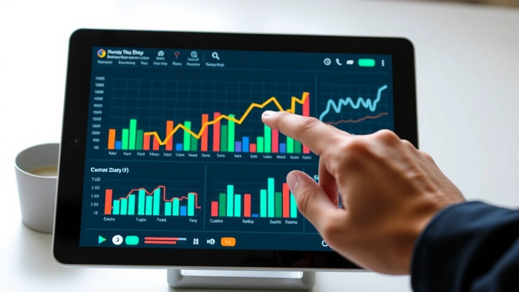 Hand pointing to data visualization chart with bars and trend lines on tablet screen, modern analytics dashboard with multiple metrics visible, minimalist background
