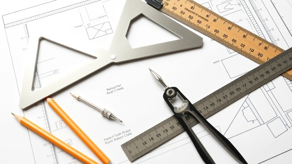 Home improvement workshop showing geometric tools including protractor, compass, and triangle ruler arranged on blueprint paper with pencil marks