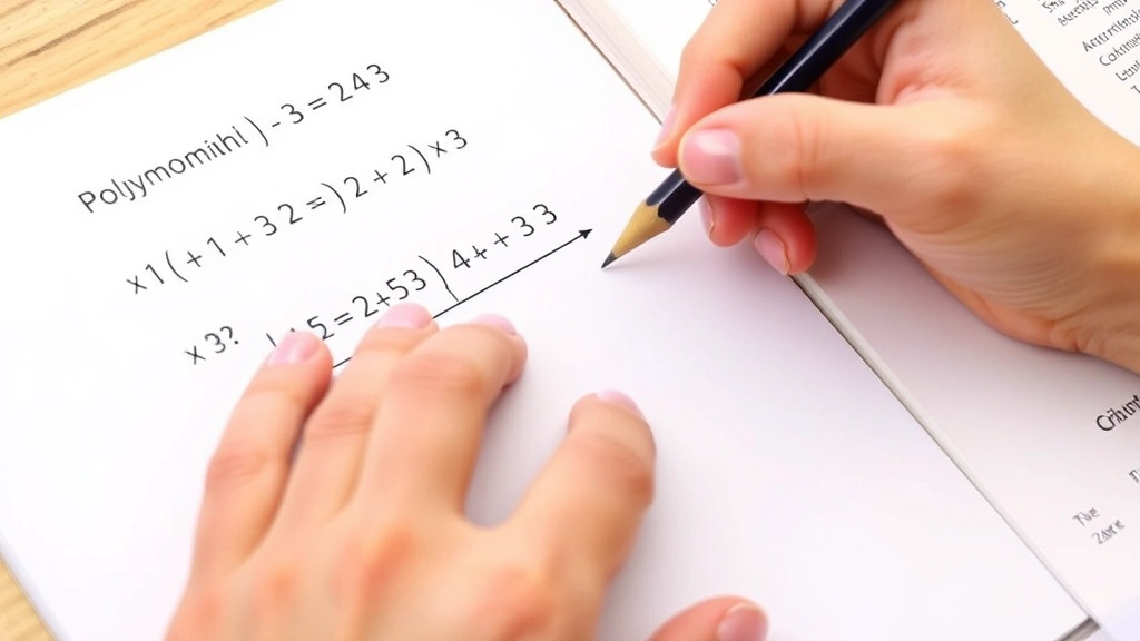 Close-up of hand writing polynomial long division on white paper with pencil, showing numerator divided by denominator with clear step-by-step work, mathematics textbook visible nearby