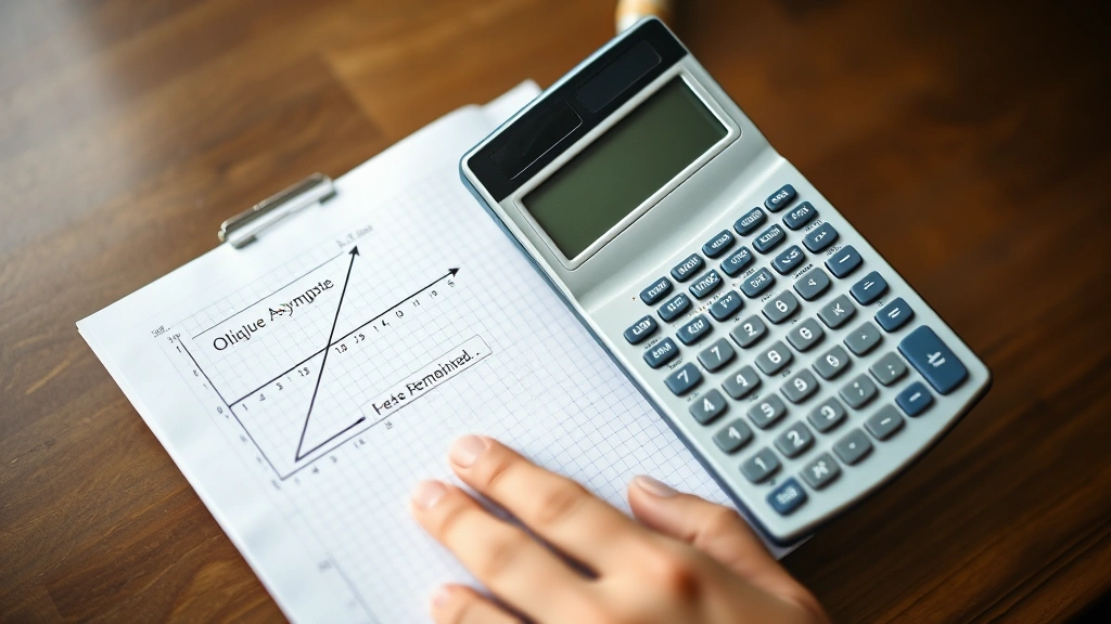 Hands holding calculator and graph paper with oblique asymptote problem worked out, showing quotient polynomial and remainder clearly separated, professional home study setup