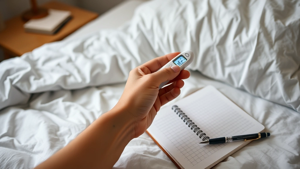 Person holding a digital basal thermometer in bed upon waking, with a notebook and pen on nightstand ready for temperature logging