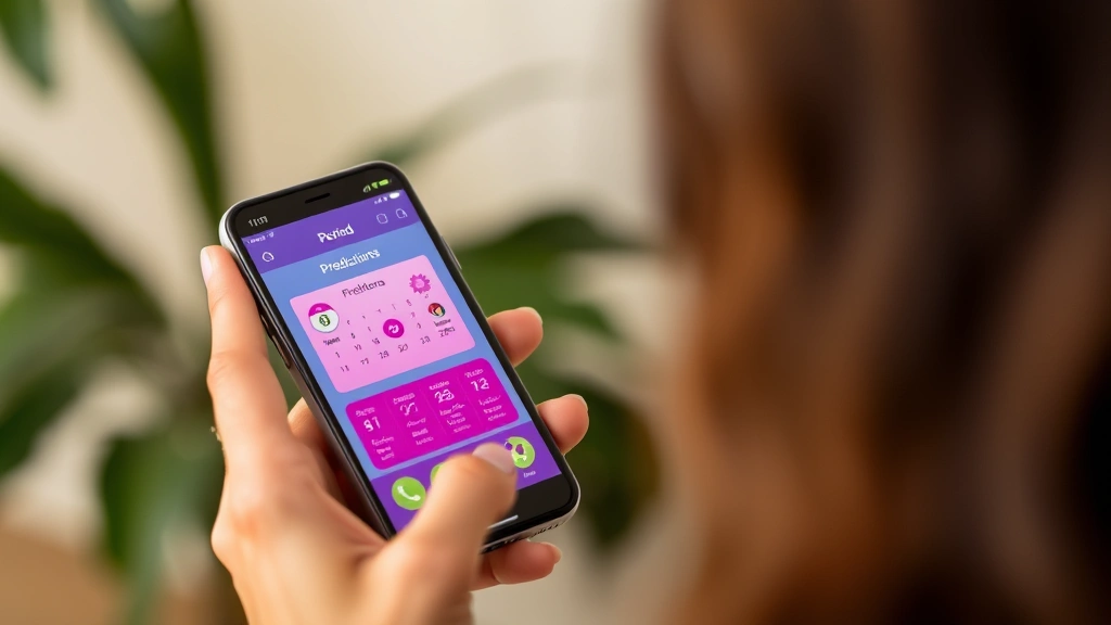 Woman looking at her smartphone displaying a colorful period tracking app interface with calendar, predictions, and symptom logging features