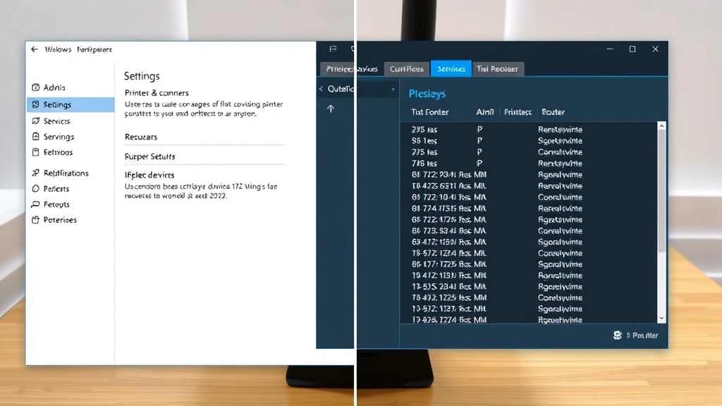 Split-screen showing Windows Settings window with Printers & Scanners section open on left side, router admin panel with connected devices list on right side, both displaying IP address information