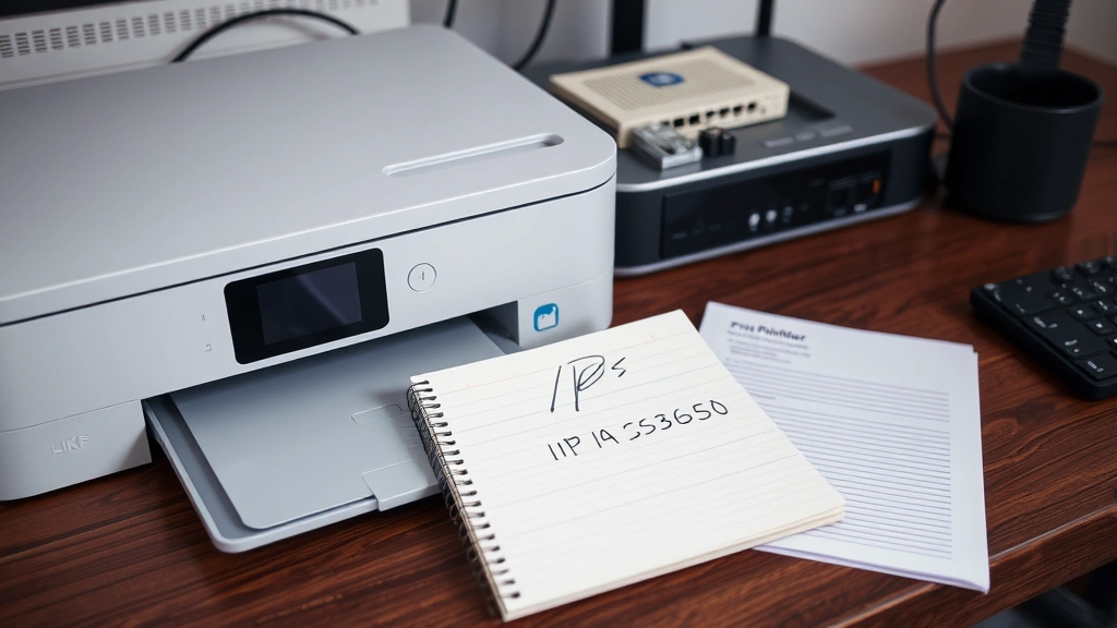 Hand-written notebook next to printer with IP address written down, printer configuration page printed and placed nearby, organized home office desk setup with networking equipment visible