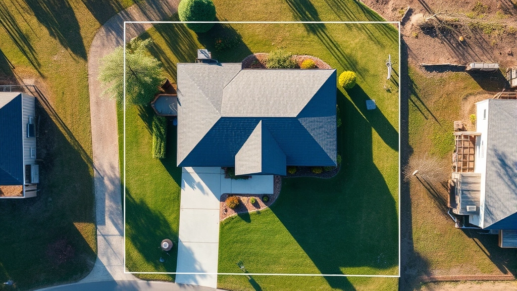 Aerial view of residential property showing house, driveway, and yard with subtle property boundary lines overlay visible from above, clear day