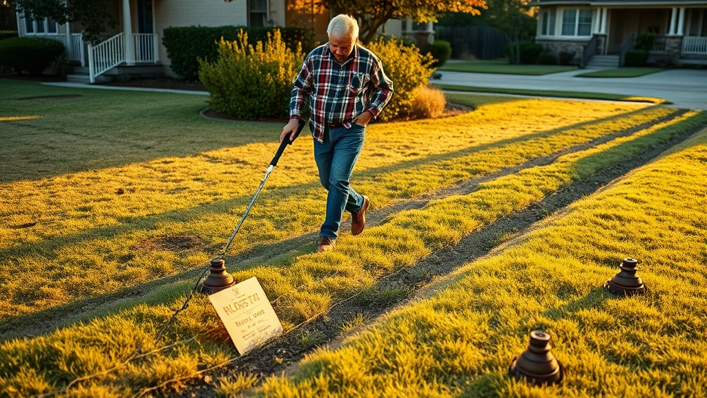 Homeowner walking property perimeter with metal detector, checking for buried boundary markers in yard, wearing casual clothing, golden hour lighting