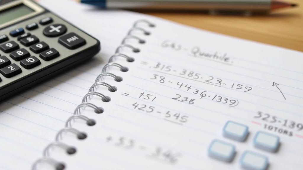 Close-up of calculator and notebook with handwritten numbers and calculations showing quartile math work in progress on desk