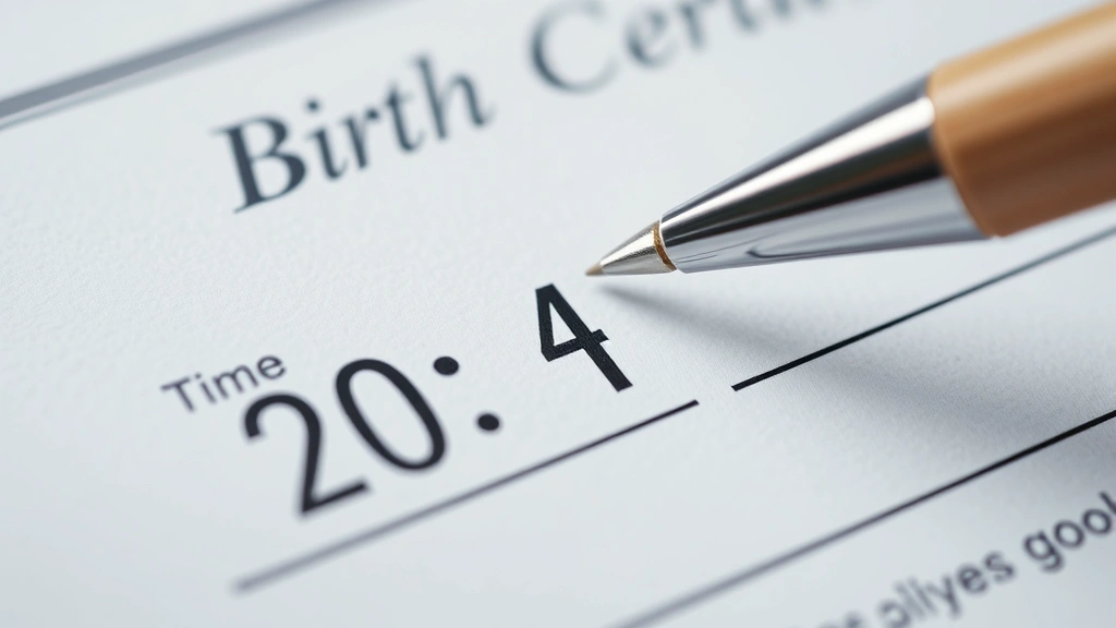 Close-up of a birth certificate showing date and time of birth, with a pen pointing to the time field, realistic document photography