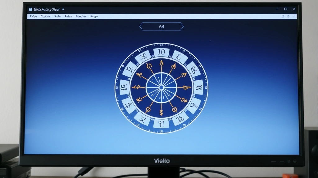 Computer screen displaying an astrology birth chart calculator with zodiac wheel visible, showing rising sign highlighted, realistic tech workspace