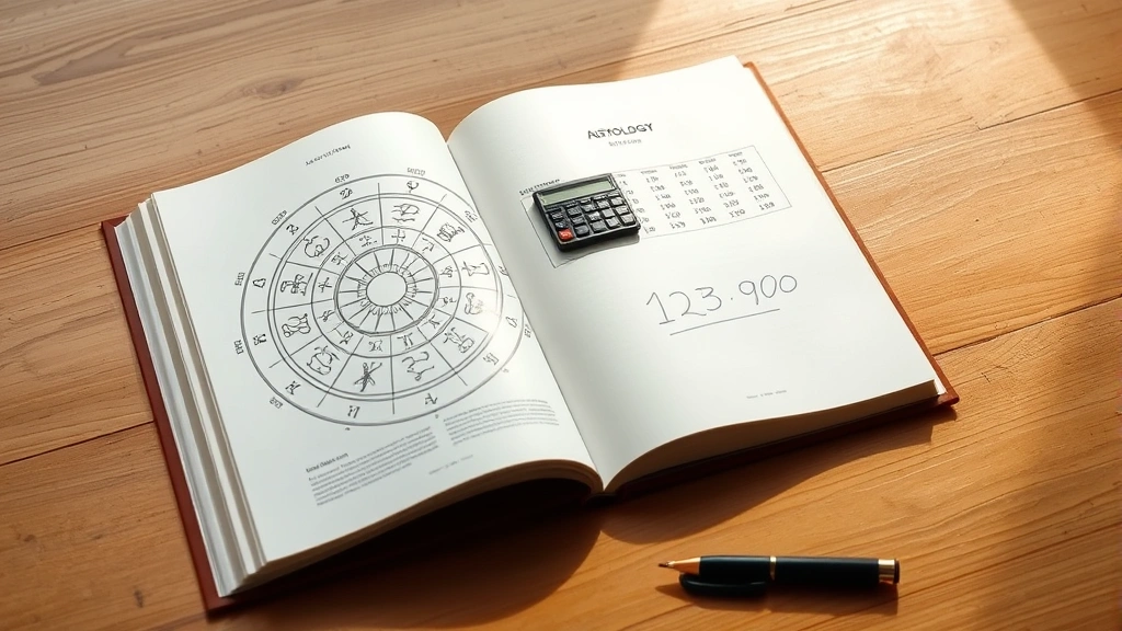 Open astrology book with zodiac wheel diagram, calculator, and birth date written on paper nearby, natural lighting on wooden desk