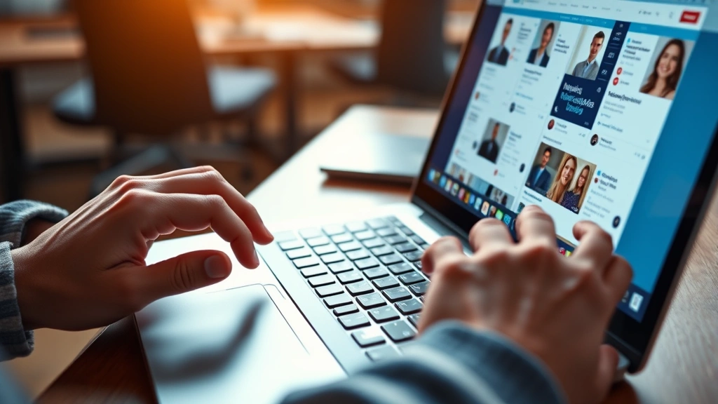 Close-up of hands using laptop keyboard searching social media profiles on screen, warm office lighting, realistic photo