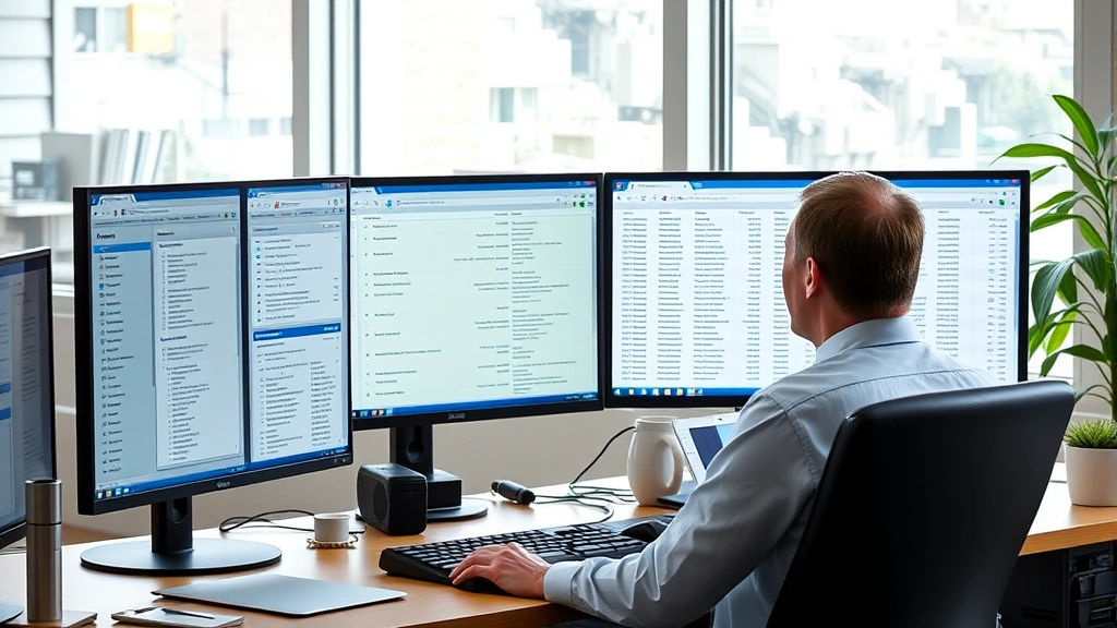 Person at desk with multiple monitors displaying public records database interfaces and search results, professional environment, natural daylight