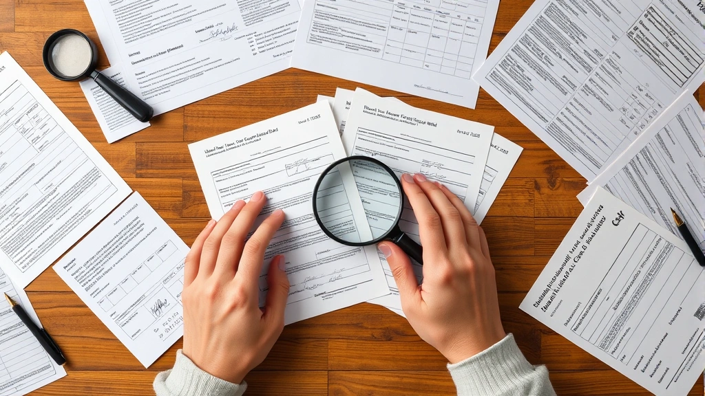 Hands holding printed documents and birth certificate pages spread on wooden table with magnifying glass, organized records setup, realistic photography