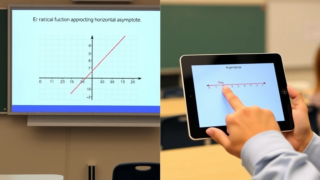 Split-screen comparison showing a graph of a rational function approaching a horizontal asymptote on the left side and a hand pointing to the asymptote line on a tablet screen on the right, classroom setting