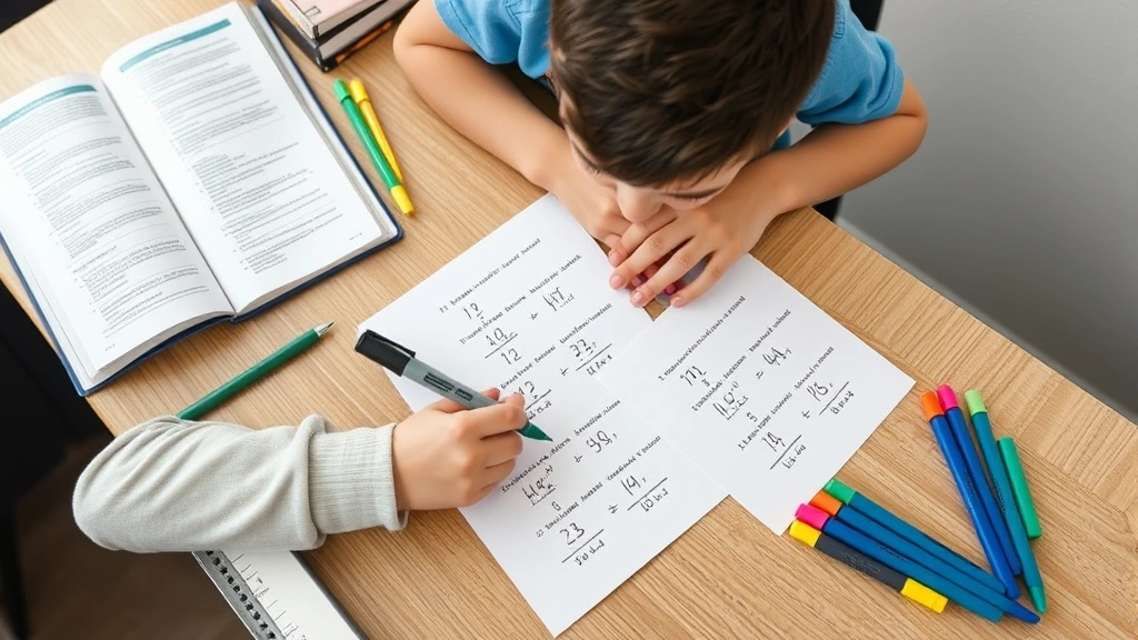Student sitting at desk working through polynomial long division problems on paper with colored highlighters marking highest degree terms, organized workspace with math textbook open