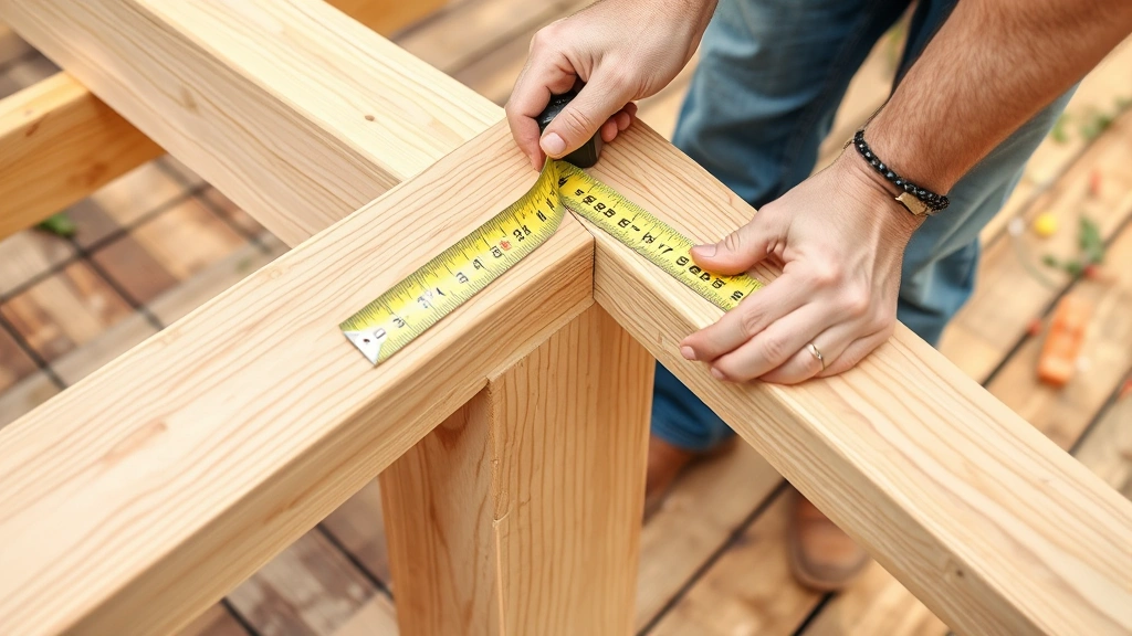Carpenter checking a corner of a wooden deck frame using a measuring tape to verify a 3-4-5 right triangle, natural daylight, hands-on demonstration