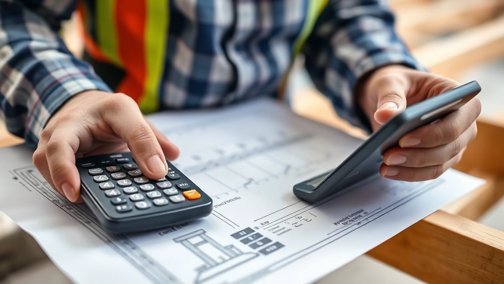 Close-up of a construction professional using a scientific calculator and blueprint to calculate hypotenuse measurements for a roof framing project, detail-focused