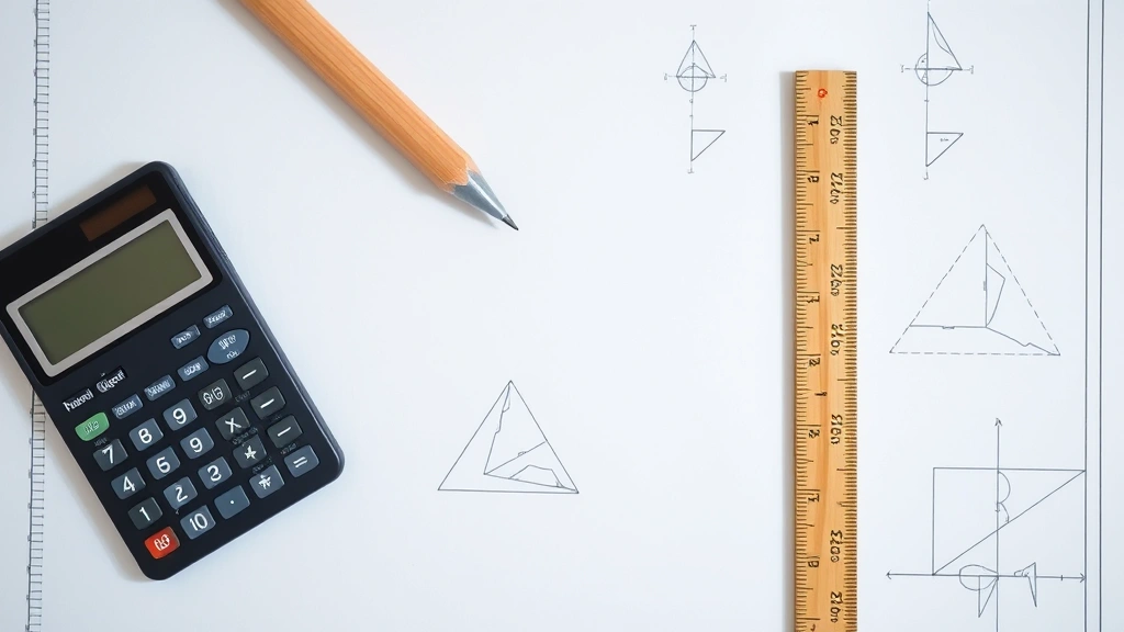 Overhead view of blueprint with triangle measurements, pencil, scientific calculator, and wooden ruler arranged on white paper with geometric diagrams