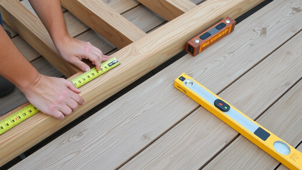 Diagonal view of deck frame corner being checked with measuring tape, hands positioning tape across wooden joists, carpenter's level nearby on weathered wood surface